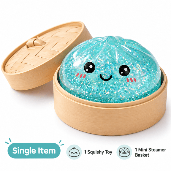 Dumpling Squishy Toy with Steamer Basket Glitter Bao Bun Stress Ball Soft Sensory Fidget Squeeze Toy Kawaii Desk Stress Relief Toy for Teens Adults