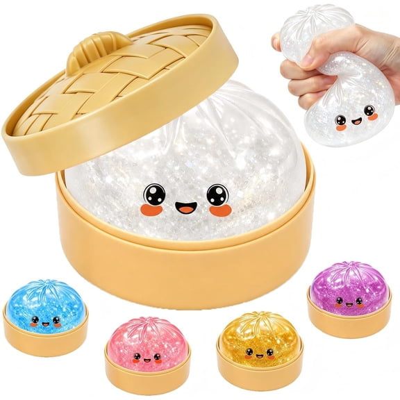Dumpling Squishy Toys, Cute Stretchable Stress Balls with Food Steaming Box, Fidget Sensory Squeeze Toys for Holiday & Birthday Gifts (White)