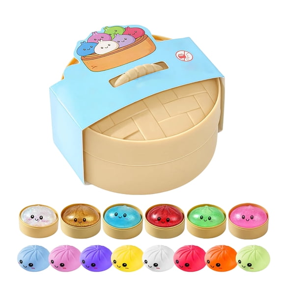Dumpling Squishy with steamer box, Baozi Bun, Slow Rising Squeeze Toys for Stress Relief, Perfect for Birthday Party Favors