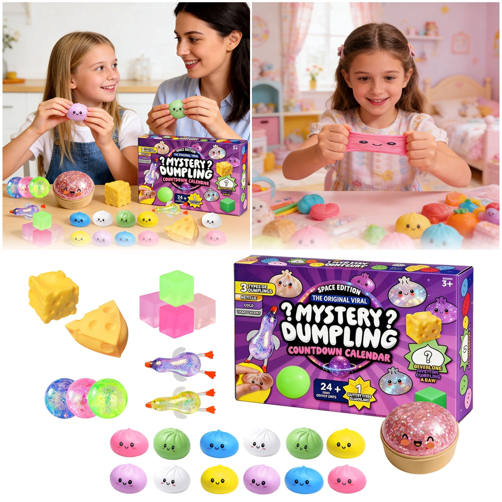 Dumpling Squishys 2026 Squishys Advent Calendar , 24 Days of Mystery Dumpling Squishy Tools Surprise Gift Set ,Bright Giftable Holiday Box(24 Random Dumplings)