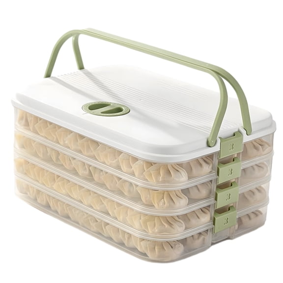 Dumpling Storage Container, 4-Layer Stackable Freezer Food Organizer with Portable Handle, Sealed Refrigerator Box for Dumplings, Cookies, Pastries, 11.8 in x 8.9 in x 5.7 in