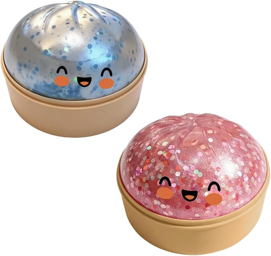 Dumpling Stress Reliever for Adults, Soft Slow Rising Squeeze Ball, Sensory Anxiety Relief Tool, Cute Desk Decor for Office & Home Relaxation (Clear+Pink Glitter)