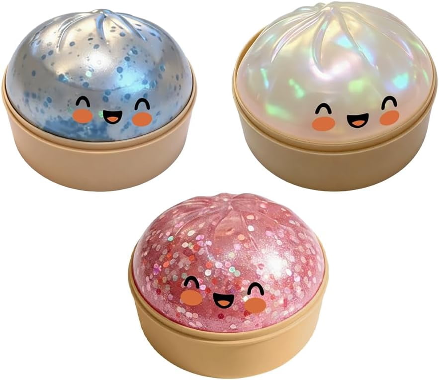 Dumpling Stress Reliever for Adults, Soft Slow Rising Squeeze Ball, Sensory Anxiety Relief Tool, Cute Desk Decor for Office & Home Relaxation (Clear+White+Pink Glitter)