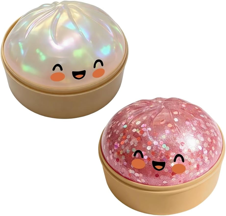 Dumpling Stress Reliever for Adults, Soft Slow Rising Squeeze Ball, Sensory Anxiety Relief Tool, Cute Desk Decor for Office & Home Relaxation (White+Pink Glitter)