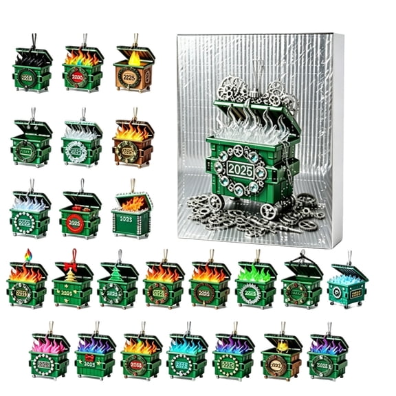 Dumpster Fire Ornament Advent Calendar 2026, Silver Frost Cover, Flaming Green Dumpster Hanging Decorations, 24 Day Novelty Christmas Countdown Gift Box for Holiday Tree Displays