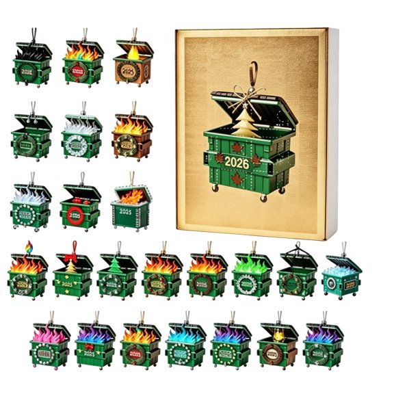Dumpster Fire Ornament Advent Calendar 2026, Vintage Cover, Flaming Green Dumpster Hanging Decorations, 24 Day Novelty Christmas Countdown Gift Box for Holiday Tree Displays