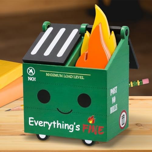 Dumpster Fire Pencil Holder with 100 Pcs Flame Note Cards, Funny Office Desk Accessories Decor, Great Gifts for Coworkers Teacher - Green (Already Assembled)