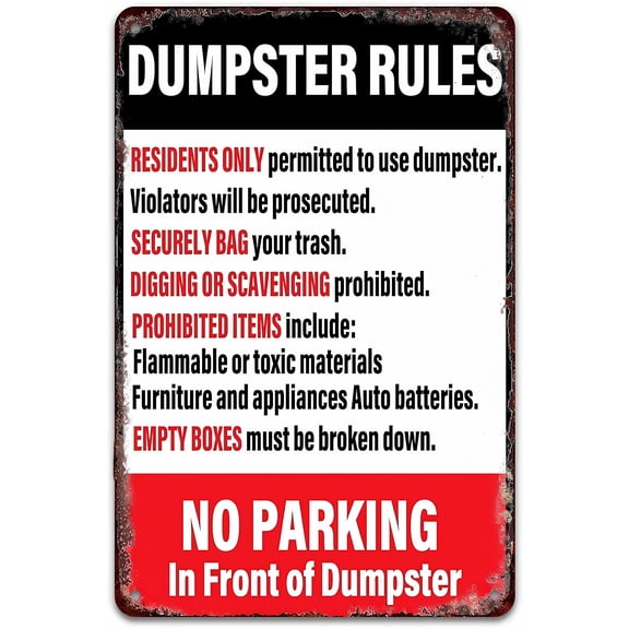 Dumpster Rules Metal Tin Sign - 8"x12", No Parking in Front of Dumpster Warning for Home, Business, Outdoor/Indoor Areas