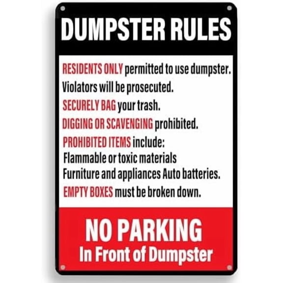 Dumpster Rules Metal Tin Sign,No Parking In Front Of Dumpster Warning Notice Metal Posters Vintage Wall Decor for Home Bar Pub Kitchen Farmhouse Garden Yard Man Cave 8 X 12 Inch