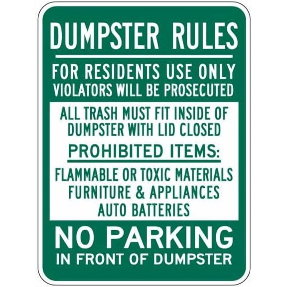 Dumpster Rules Residents Use Only Sign - 8x12 (Green) - Reflective | Rust Free Aluminum