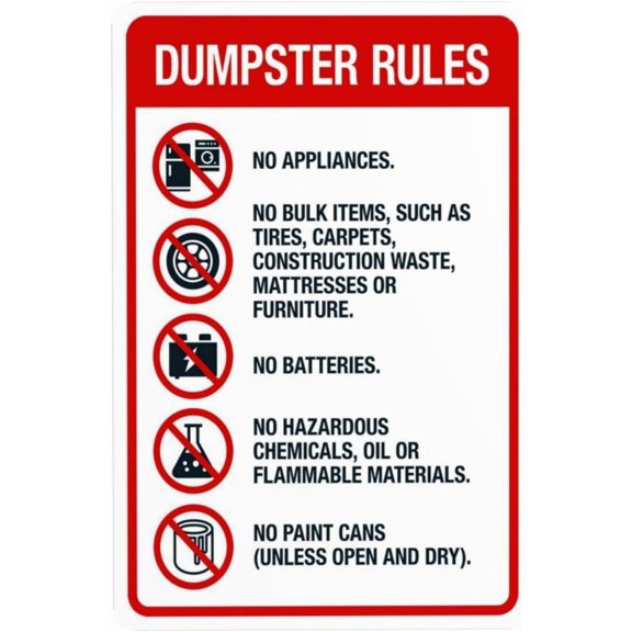 Dumpster Rules Sign – 8x12 Inch RustFree Aluminum,Reflective & Weatherproof Metal Sign,HighVisibility Waste Disposal Guidelines for Business or Property Management