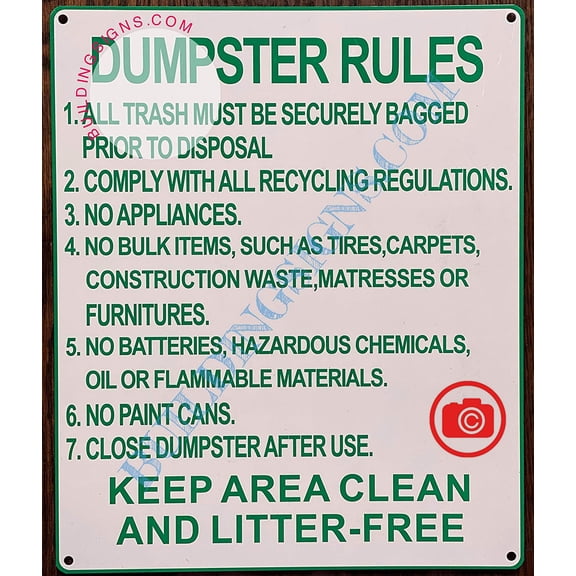 Dumpster Rules Sign (Aluminium 10x12 -Rust Free) (ref-2201)
