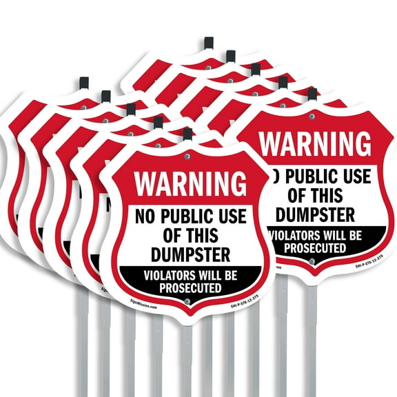 Dumpster Shield Sign Warning No Public Use Of This Dumpster Violators Will Be Prosecuted (10 Pack) 12 inch X 12 inch Shield Shaped Rust-Free Aluminum Metal Signs with Aluminum Mounting
