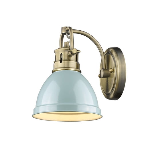 Yep by Golden Lighting Duncan 1-light Vanity in Aged Brass and Seafoam shade