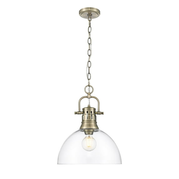 Yep by Golden Lighting Duncan 1-light 14in chain hung Pendant in Aged Brass and Clear Glass