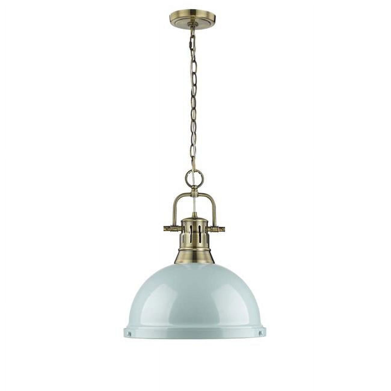 Transitional Aged Brass Large Pendant with Seafoam Glass Shade