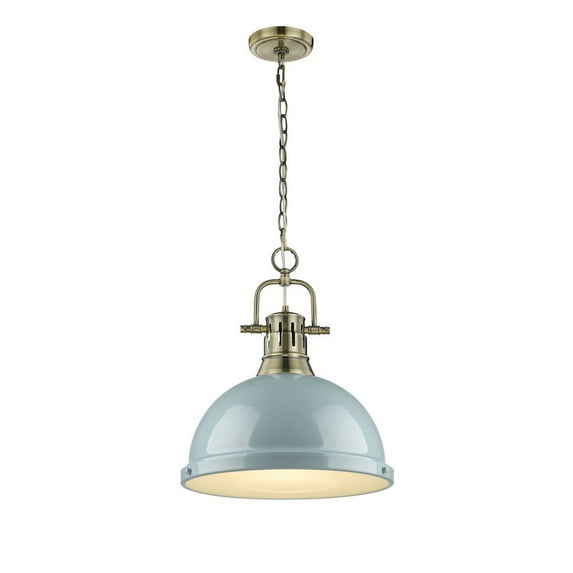 Yep by Golden Lighting Duncan 1-light 14in Chain Hung Pendant in Aged Brass and Seafoam shade