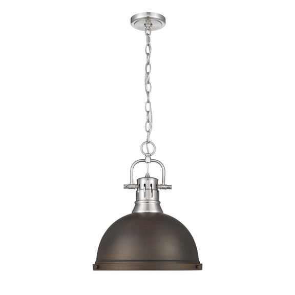 Yep by Golden Lighting Duncan 1-light 14in Chain Hung Pendant in Pewter and Rubbed Bronze shade