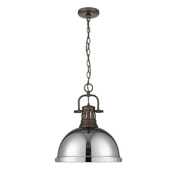 Yep by Golden Lighting Duncan 1-light 14in Chain Hung Pendant in Rubbed Bronze and Chrome shade