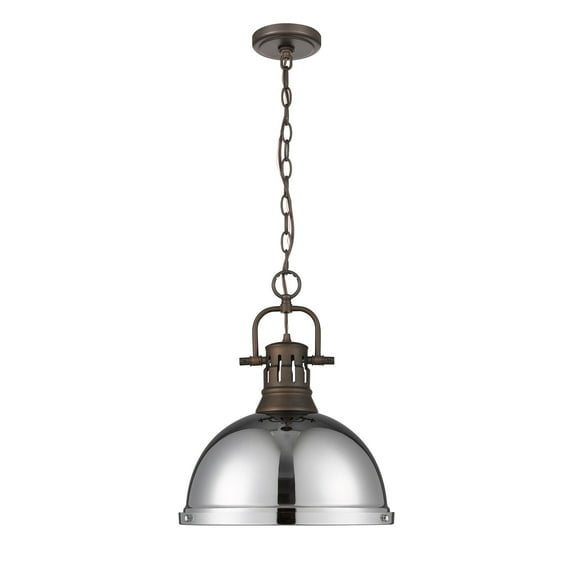 Yep by Golden Lighting Duncan 1-light 14in Chain Hung Pendant in Rubbed Bronze and Chrome shade