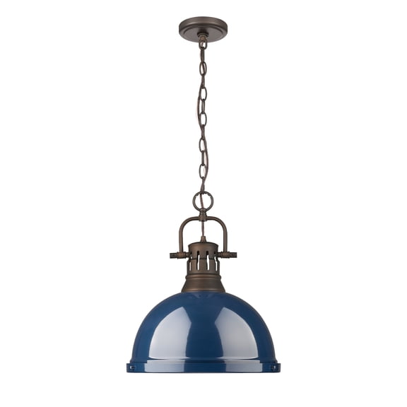 Yep by Golden Lighting Duncan 1-light 14in Chain Hung Pendant in Rubbed Bronze and Navy Blue shade