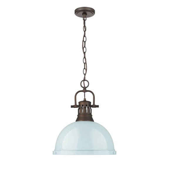Yep by Golden Lighting Duncan 1-light 14in Chain Hung Pendant in Rubbed Bronze and Seafoam shade