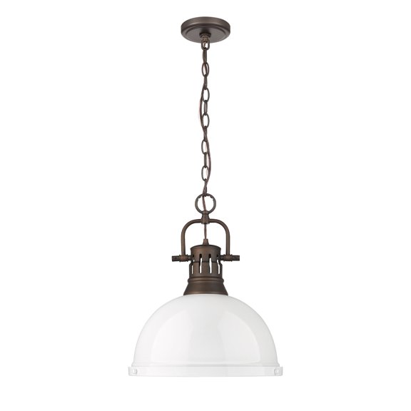 Yep by Golden Lighting Duncan 1-light 14in Chain Hung Pendant in Rubbed Bronze and White shade