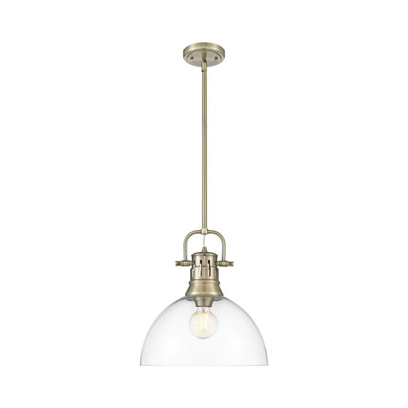 Yep by Golden Lighting Duncan 1-light 14in rod hung Pendant in Aged Brass and Clear Glass