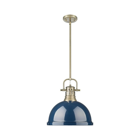 Yep by Golden Lighting Duncan 1-light 14in Rod Hung Pendant in Aged Brass and Navy Blue shade