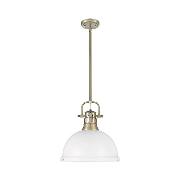 Yep by Golden Lighting Duncan 1-light 14in Rod Hung Pendant in Aged Brass and Matte White shade