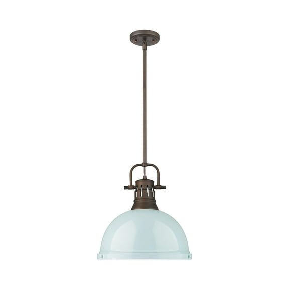 Yep by Golden Lighting Duncan 1-light 14in Rod Hung Pendant in Rubbed Bronze and Seafoam shade