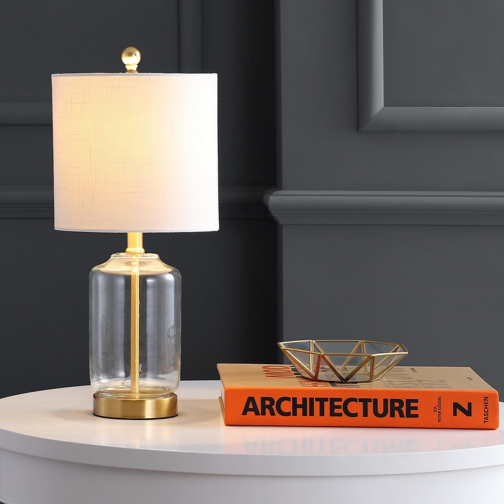 Duncan 20.5" Brass/Clear Glass Table Lamp with White Linen Shade