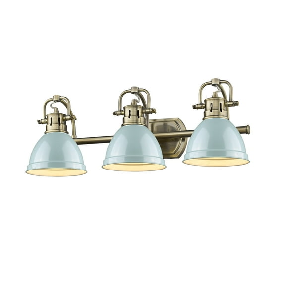 Yep by Golden Lighting Duncan 3-light Vanity in Aged Brass and Seafoam shade