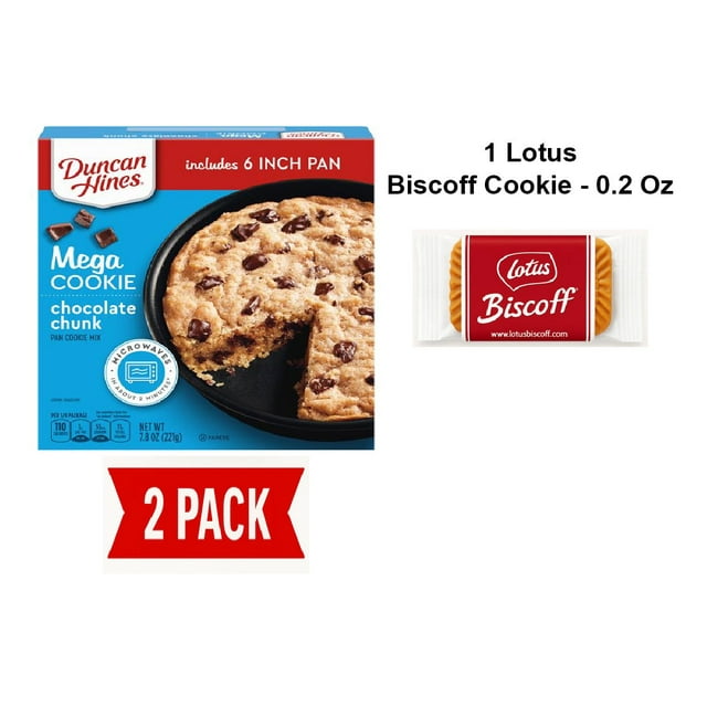 Duncan Hines Mega Cookie Chocolate Chunk Pan Cookie Mix, 7.8 Oz - Pack Of 2 & Lotus Biscoff Cookie - 0.2 Oz - 1 ct
