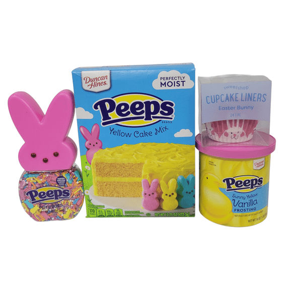 Duncan Hines & Peeps Easter Baking Set Yellow Cake Mix (15.25 oz), Pink Bunny Sprinkles (2.82 oz), Sunny Yellow Vanilla Frosting (16 oz) & 24 Cupcake Liners