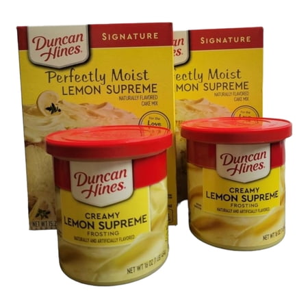 Duncan Hines Perfectly Moist Lemon Cake Bundle, 2 boxes 12.25 oz each of Lemon Supreme Cake Mix, 2 containers 16 oz each of Creamy Lemon Supreme Frosting with Spatula