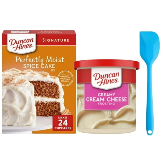 Duncan Hines Signature Perfectly Moist Spice Cake Mix, 15.25 oz and Creamy Cream Cheese Frosting 16 oz with Spatula