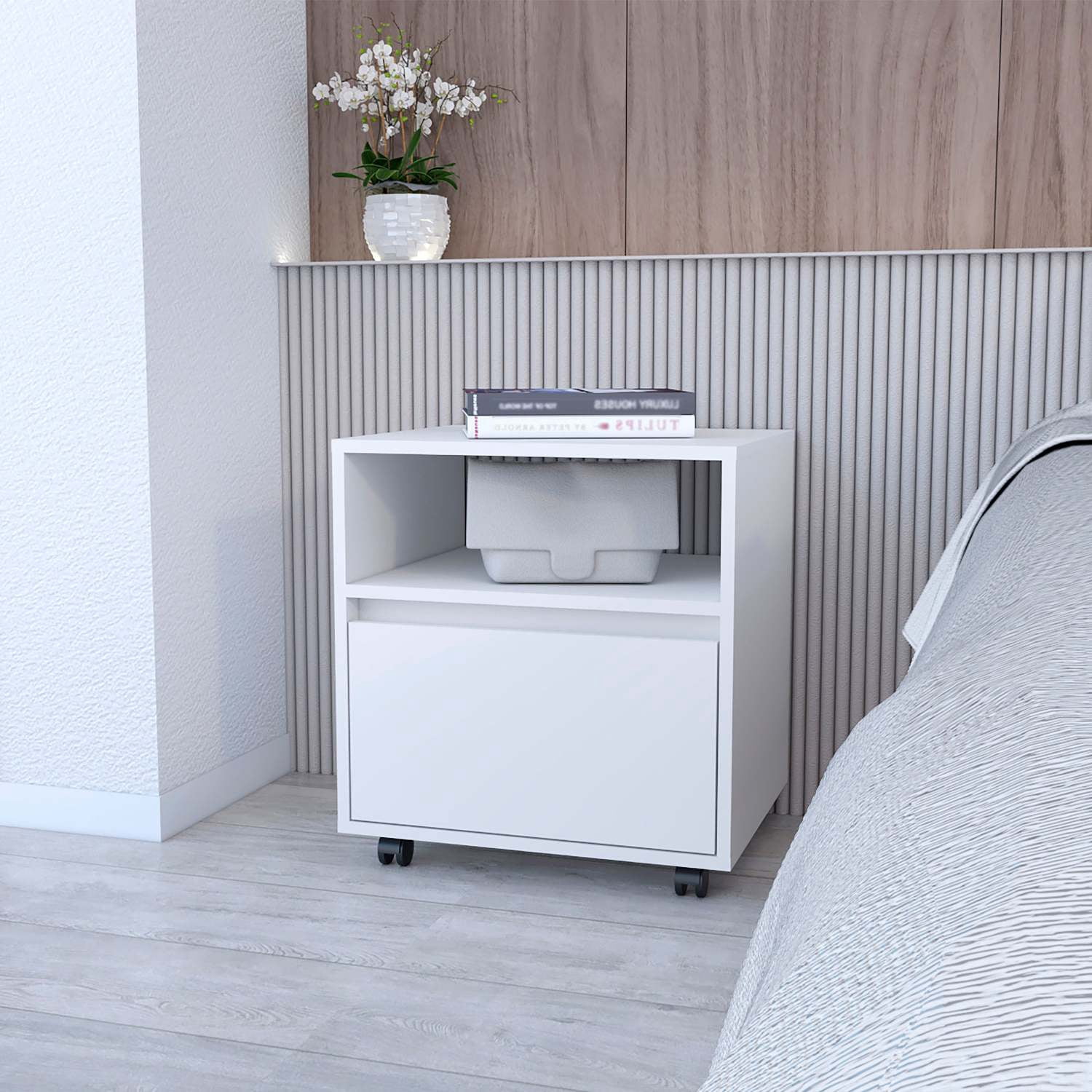 Duncan Nightstand, Contemporary Style with Open Shelf and Drawer