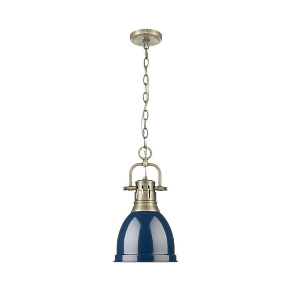Yep by Golden Lighting Duncan 1-light 9in Chain Hung Pendant in Aged Brass and Navy Blue shade