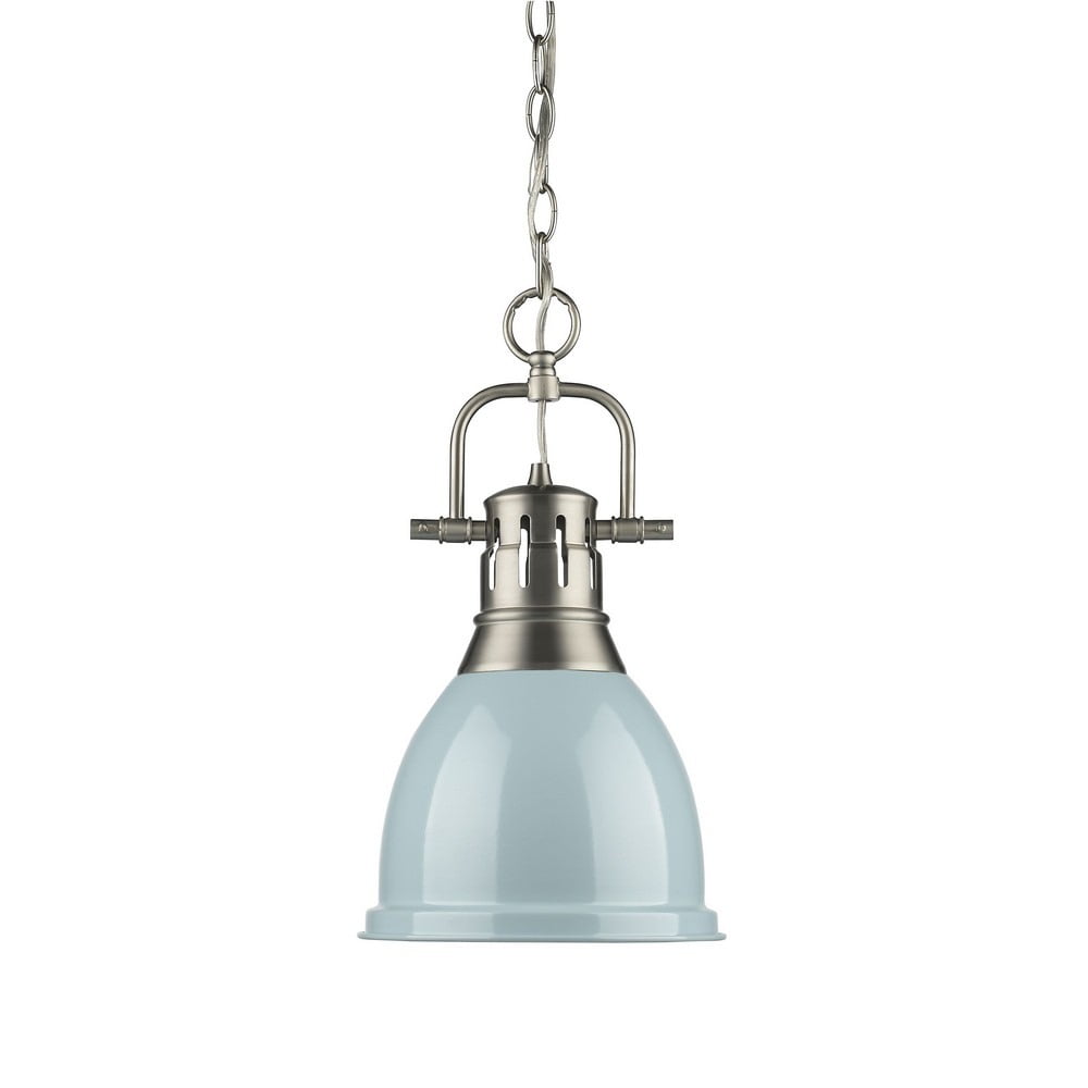 Transitional Mini Pewter Pendant with Seafoam Shade - 8.88" Indoor/Outdoor