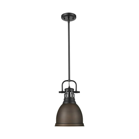 Yep by Golden Lighting Duncan 1-light 9in Rod Hung Pendant in Matte Black and Rubbed Bronze shade