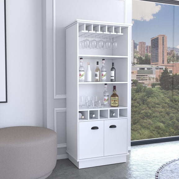 Dundee 70" White High Bar Cabinet - 5 Cubbies, 3 Shelves