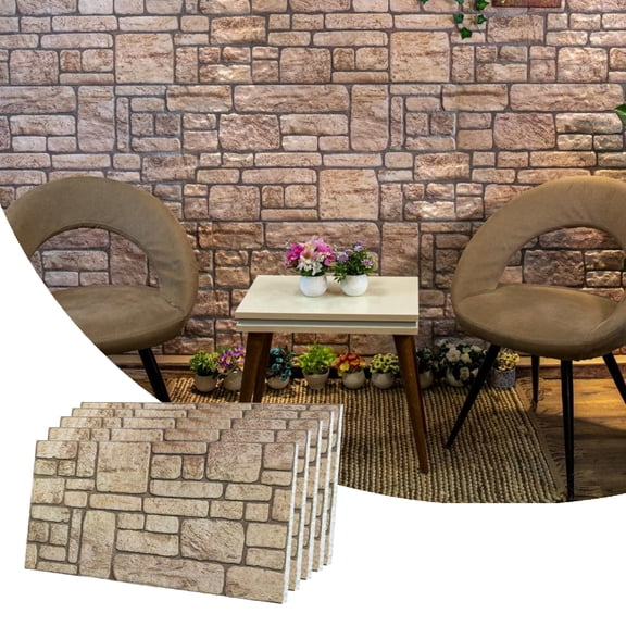 Dundee Deco 3D Wall Panels Brick Effect - Cladding, Beige Stone Look Wall Paneling, Styrofoam Facing for Living room, Kitchen, Bathroom, Balcony, Bedroom, Set of 5, Covers 27 sq ft