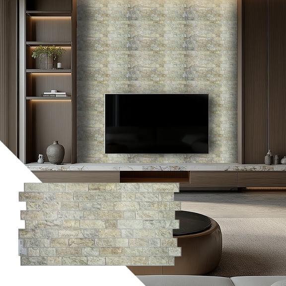 Dundee Deco 3D Wall Panels, PVC, Faux Bricks in Greige, Set of 5, Covers 26 sq ft