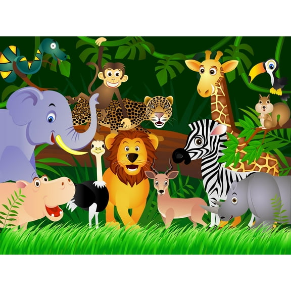 Dundee Deco Cartoon Jungle Animals Wall Mural, 11'10" x 8'10", Dark Green