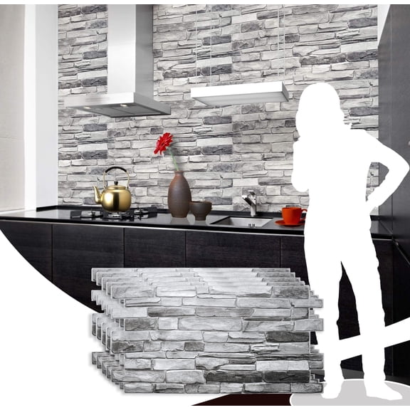 Dundee Deco PVC 3D Interior Design Wall Paneling - Grey Faux Stone, 3.2 ft x 1.6 ft each, 5-pack