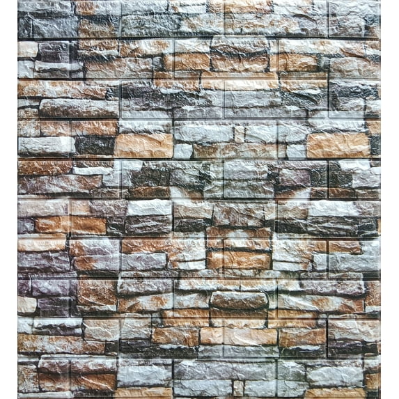 Dundee Deco Peel and Stick 3D Self Adhesive Foam Wallpaper - Multicolored Faux Bricks, Stones, 2.3 ft x 2.3 ft Each, 10-Pack