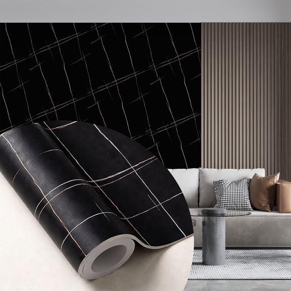 Dundee Deco Peel and Stick Faux Marble Wallpaper Roll, 24" x 9', Black, White Stripes