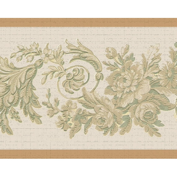 Dundee Deco Peel and Stick Self Adhesive Wallpaper Border - Floral Green, Beige Flowers on Vine, 15 ft x 7 in