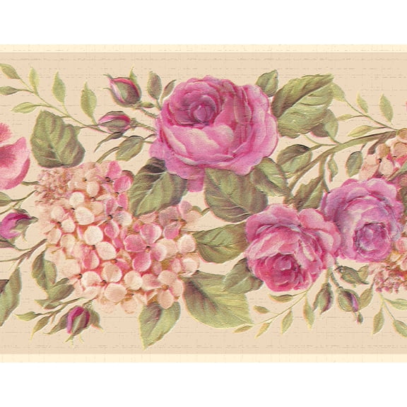 Dundee Deco Peel and Stick Self Adhesive Wallpaper Border - Floral Hot Pink, Cream Blooming Roses, 15 ft x 7 in